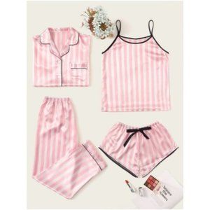 Pink & White Striped 4 piece Satin Feel Pajama Set